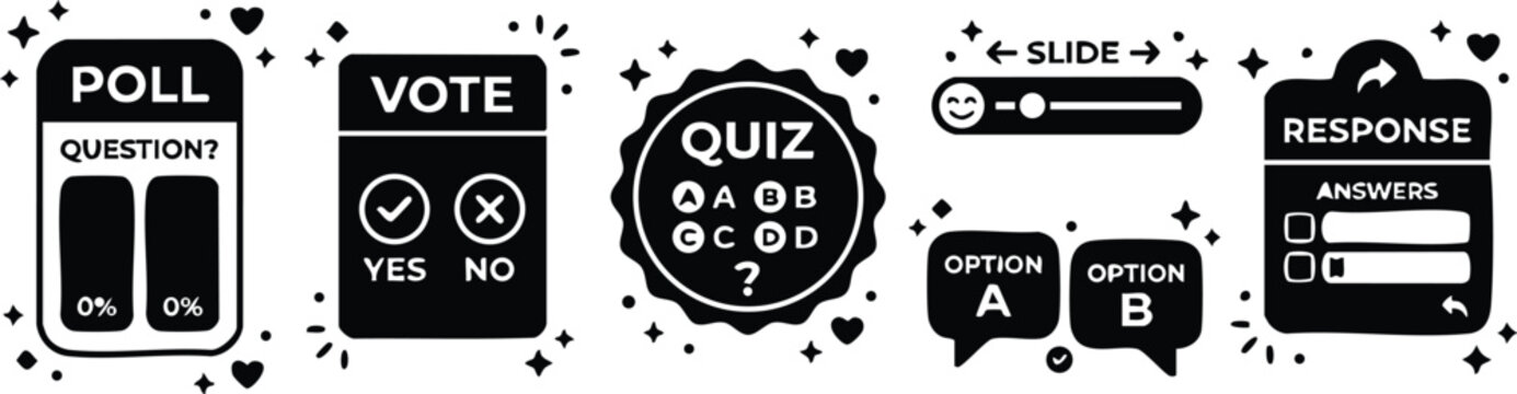 Black and white poll vote quiz response icons with sparkles