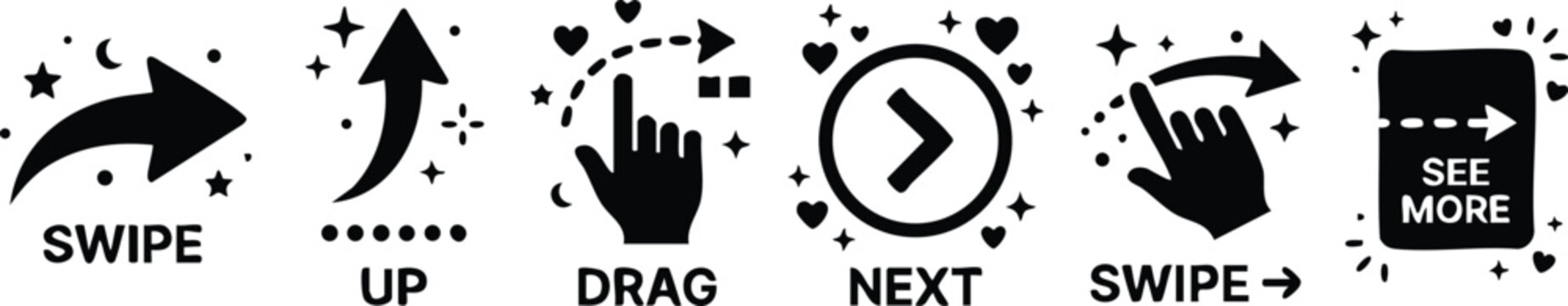 Black and white swipe up drag next see more icons with hand and arrow vector art
