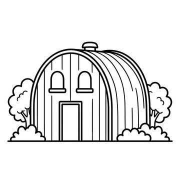 Quonset Hut Outline Vector, Curved Steel House Line Art Illustration
