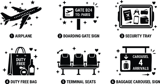 Black and white airport travel icons airplane boarding gate security tray and baggage carousel sign