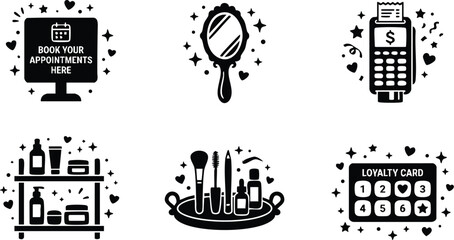 Obraz premium Black and white beauty salon icons including booking mirror cosmetics payment and loyalty card