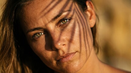 Fototapeta premium A close-up portrait of a beautiful woman with sunlight casting dramatic shadows on her face