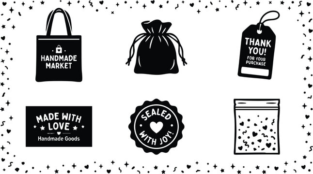 Black and white handmade market bag sealed with joy tag and label set vector art