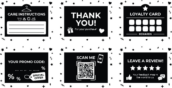 Black and white care instructions thank you loyalty card promo code scan qr leave a review icons
