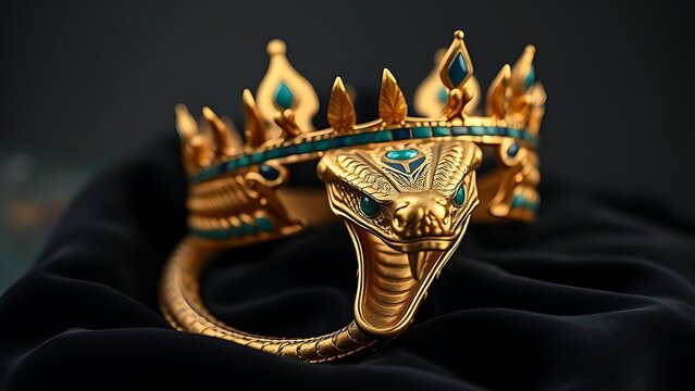uraeus. Detailed golden cobra crown with turquoise inlays resting on black velvet. event programs, museum guides, designed for cultural heritage projects and event programs, used by recruiters.
