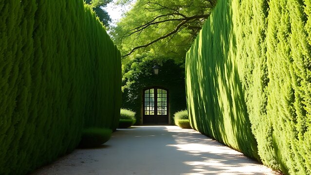 privet. Arching privet hedges forming a green tunnel entrance to a historic estate. gardening catalogs, home-decor guides, designed for home decor and floral branding, promotes healthy living.