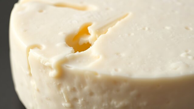 caciocavallo. Close-up of a freshly cut cheese with a dense pale interior and smooth surface. menu design, packaging mockups, designed for culinary blogs and recipe cards for restaurants.