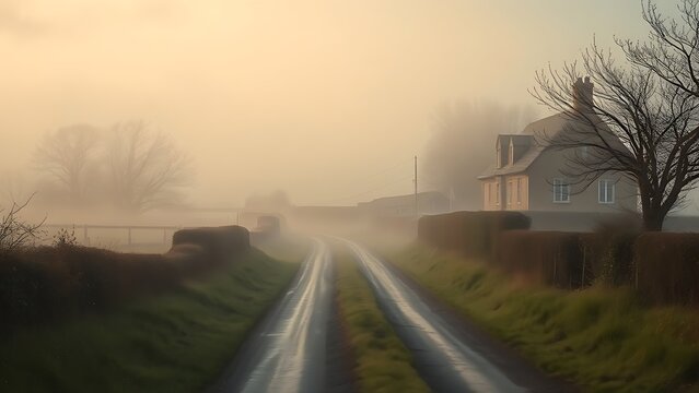 enthalpy. Misty country lane leading to a distant stone cottage. lifestyle magazines, social media lookbooks, designed for influencer and brand collaborations, used by SEO specialists.