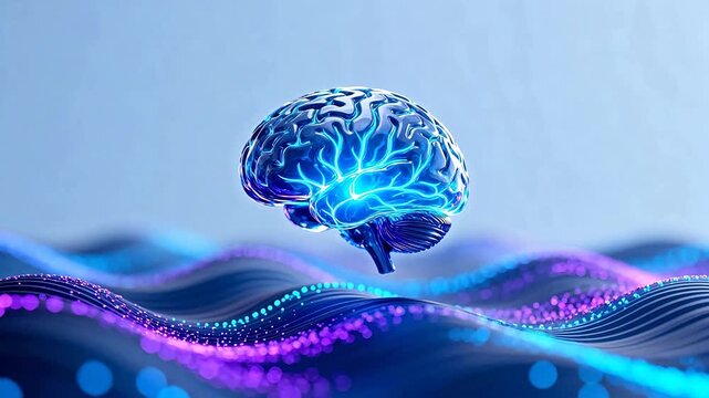 Blue glowing brain with wave patterns