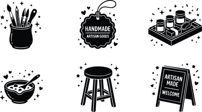 Black and white handmade artisan goods icons with paintbrushes and jars
