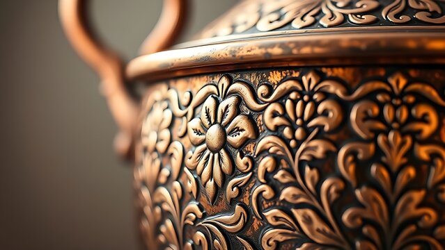 unstylish. Copper vessel with intricate Ottoman floral patterns, detailed metalwork close-up. event programs, museum guides, designed for cultural heritage projects and event programs.