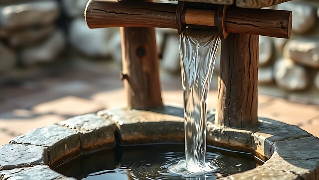 wellhead. Ancient wooden wellhead with bamboo pipe channeling water into stone trough. travel magazines, destination branding, designed for travel destination branding, elevates destination branding.