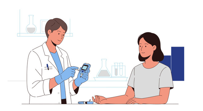 Doctor checking blood sugar level of a patient with a glucometer in a clinic