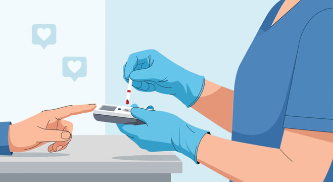 Doctor checking blood sugar level with glucometer on patient's finger, diabetes test