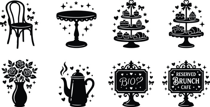 Black and white vintage cake stand rose vase coffee pot and brunch cafe signs vector art