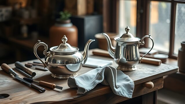 silversmith. Silversmith's wooden workbench with tools and a gleaming silver teapot in progress, soft window light. safety posters.