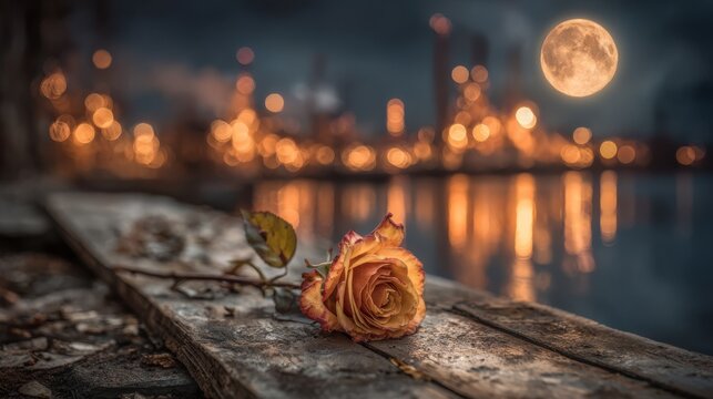 A delicate rose rests on worn wooden boards as city lights shimmer across water beneath a full moon, evoking romance, nostalgia, and bittersweet cinematic storytelling.