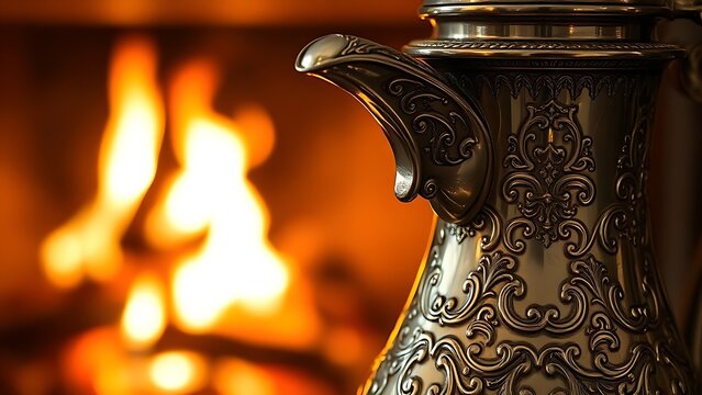 flagon. An intricately engraved silver flagon reflecting flickering firelight. product launch decks, UI/UX mockups, designed for product launches and innovation pitches, used by product marketers.