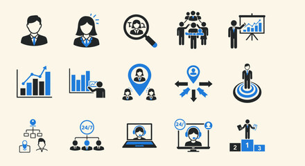 Fototapeta premium Business and HR icon set featuring recruitment, customer support, team management, data analytics, and performance tracking symbols. Modern vector illustrations for corporate design.
