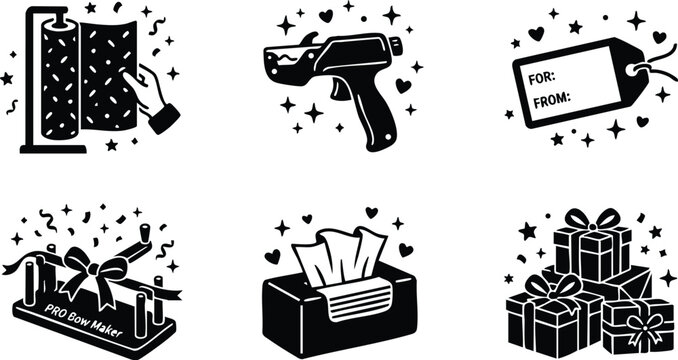 Black and white gift wrapping tools with pro bow maker tissue box and gift tags vector art
