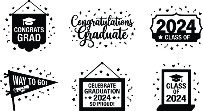 Black and white graduation class of 2024 congratulation banner and pennant vector art