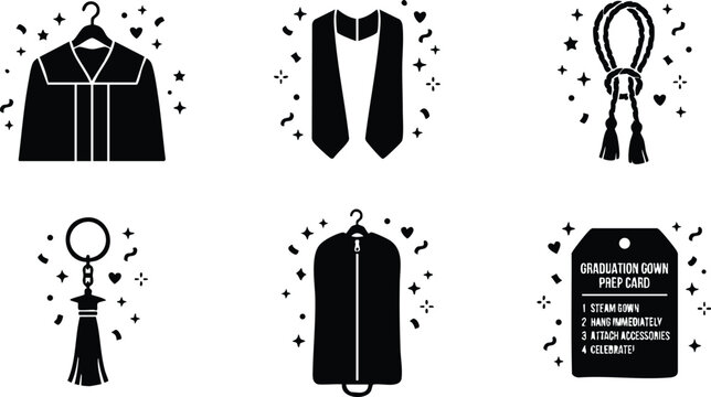Black silhouette graduation gown robe stole tassel and prep card vector art