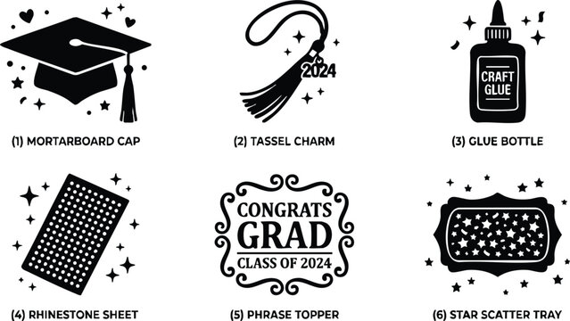 Congrats grad class of 2024 phrase topper with mortarboard cap tassel and craft glue bottle icons