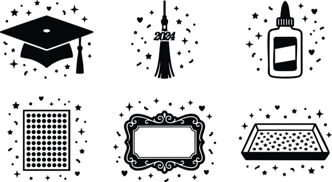 Black silhouette graduation cap 2024 tassel glue bottle glue board and decorative frame icons
