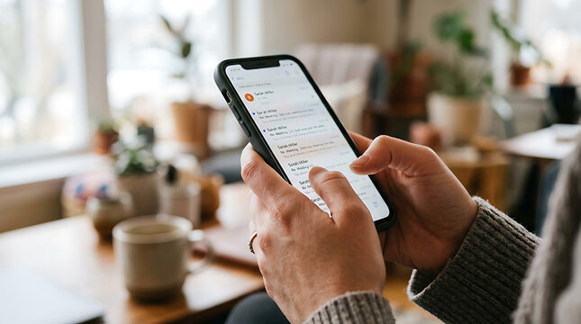 Hands using smartphone with email inbox displayed.