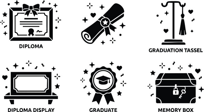 Black and white vector art graduation diploma certificate scroll memory box and tassel icons