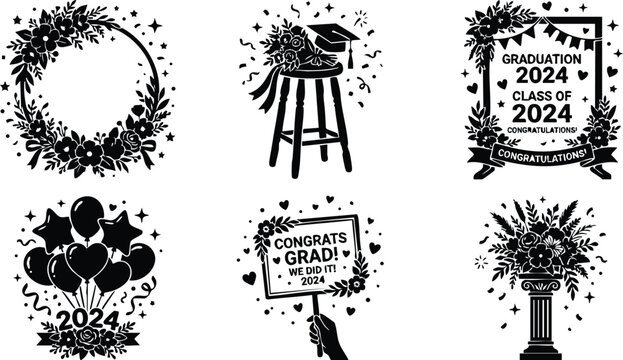 Black and white graduation 2024 celebration icons with floral wreath balloons and congratulations lettering