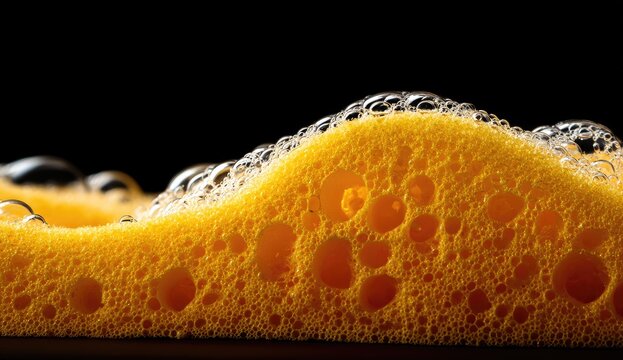 Close-up of a vibrant yellow sponge, textured with air pockets, showing a wavy surface with soap bubbles
