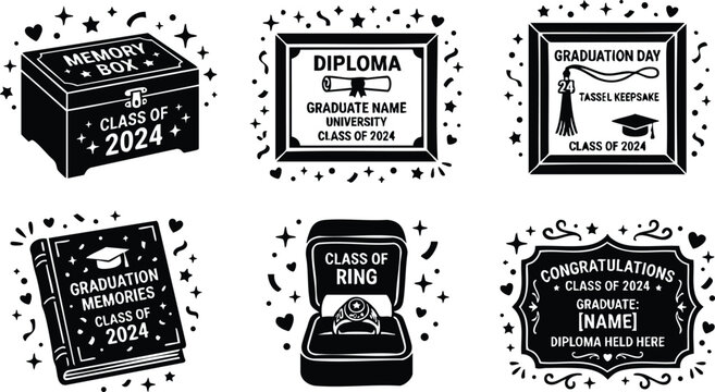 Black and white graduation class of 2024 memory box diploma and ring flat line art