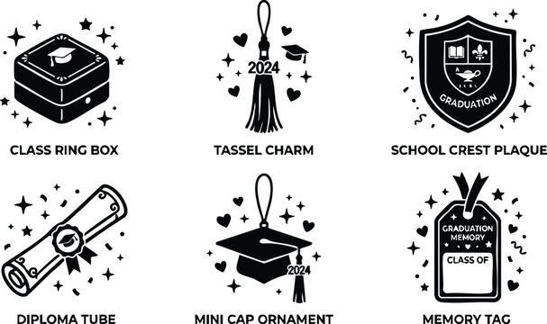 Black and white graduation 2024 tassel charm mini cap and diploma tube vector art