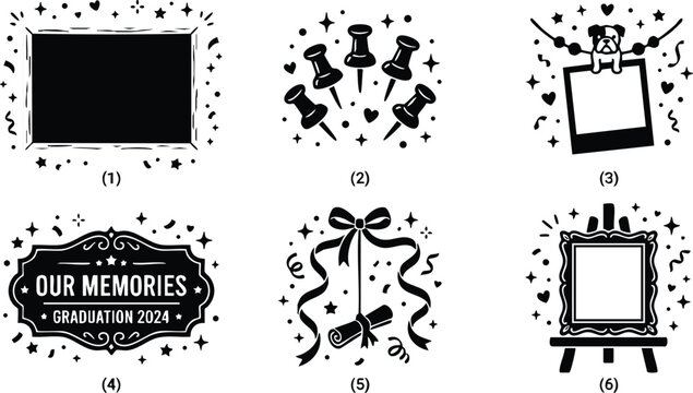 Black and white our memories graduation 2024 sign with decorative frame and stars vector art