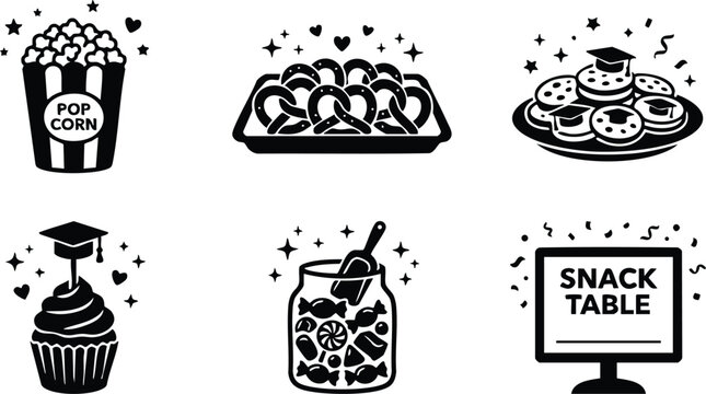 Black and white snack table with popcorn pretzels cookies cupcake and candy jar icons