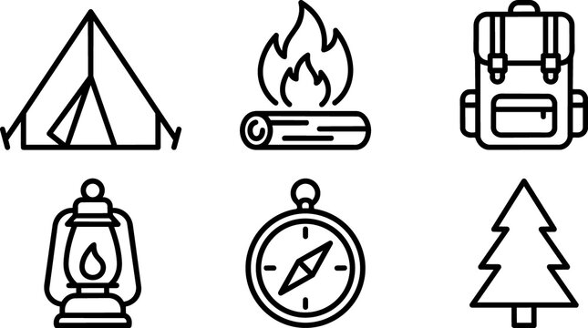 Camping icons and travel symbols.