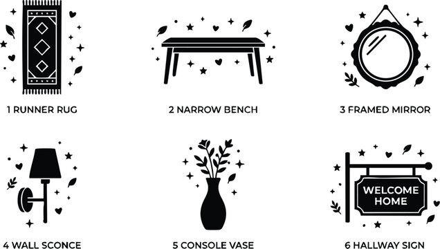 Black and white framed mirror runner rug narrow bench wall sconce console vase and hallway sign vector art