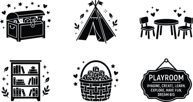 Black and white playroom icons with toy chest basket bookshelf and table