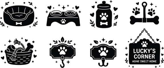 Obraz premium Black and white pet accessories set with food bowls bed and hooks vector art