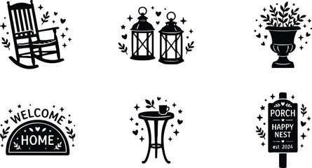 Fototapeta premium Black silhouette rocking chair lanterns potted plant welcome home sign cozy porch set