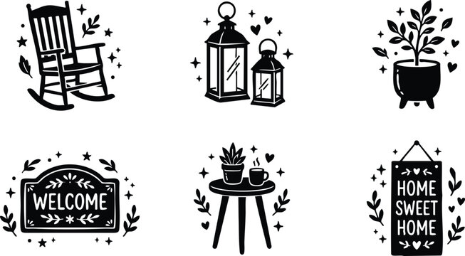 Black and white welcome and home sweet home signs with rocking chair lantern plant and table vector art