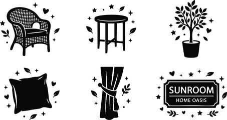 Fototapeta premium Black and white vector art sunroom home oasis wicker chair table plant cushion and curtain