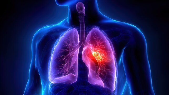 Medical illustration of Lung Cancer, a malignant tumor originating in lung tissue, mainly classified as non-small cell lung cancer and small cell lung cancer. Strongly associated with smoking,