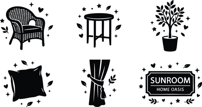 Black and white vector art sunroom home oasis wicker chair table plant cushion and curtain