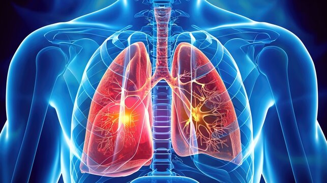Medical illustration of Lung Cancer, a malignant tumor originating in lung tissue, mainly classified as non-small cell lung cancer and small cell lung cancer. Strongly associated with smoking,