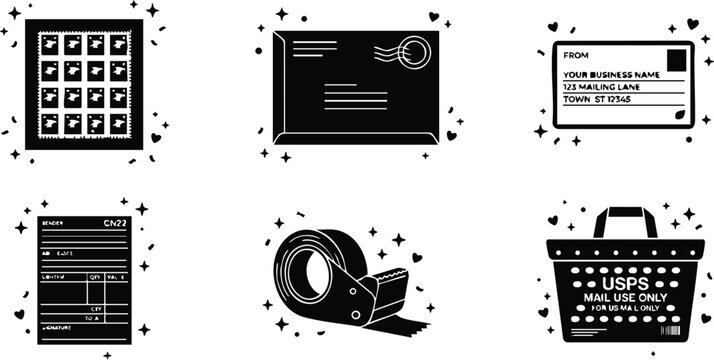 Black and white usps mail supplies icons with sparkle accents