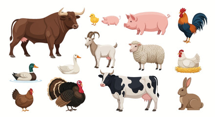 Fototapeta premium Farm Animal Vector Collection: Set of Livestock and Poultry Icons Including Cow, Bull, Pig, Sheep, Goat, Chicken, Turkey, and Duck on White Background