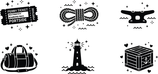 Obraz premium Black and white nautical icons with ferry ticket rope lighthouse and crate