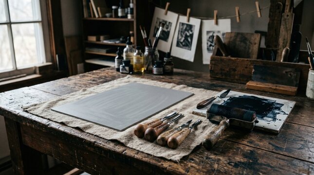 A rustic artist's studio desk with printmaking tools, including carving instruments, an ink roller, and a plate, bathed in natural light.